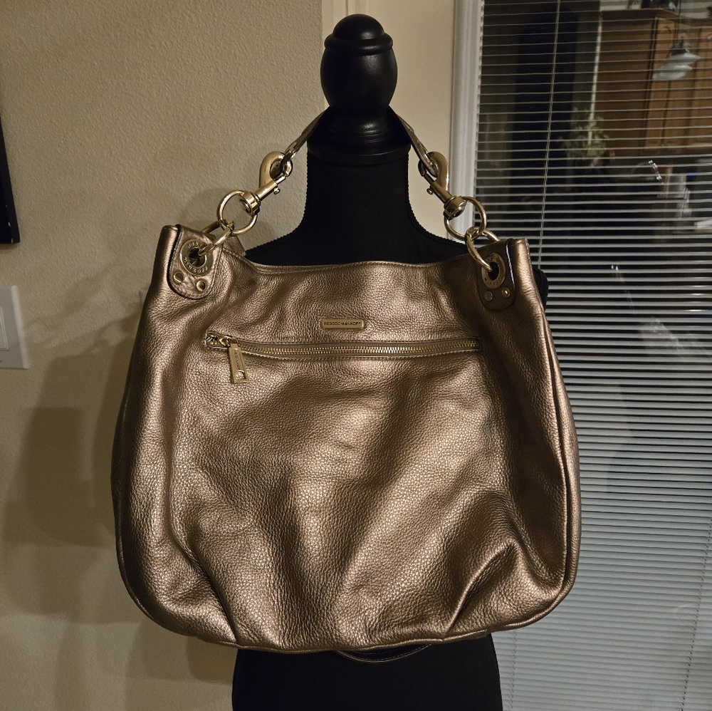 REBECCA MINKOFF Bronze Leather Studded Hobo Handbag Shoulderbag Detachabl Straps - Picture 16 of 16